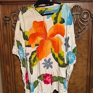 Orange and Blue Oversized Floral Tunic with Short Sleeves ( Q)